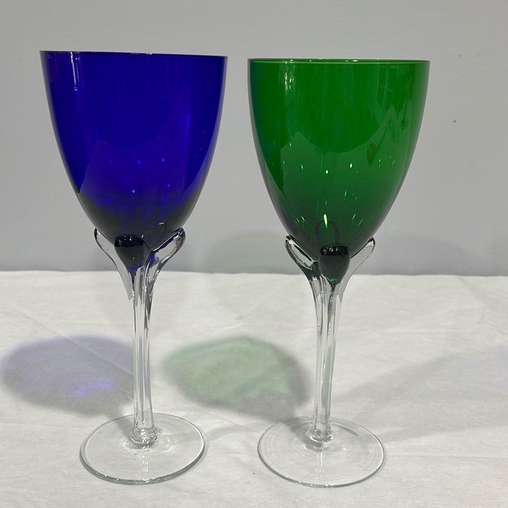 Tulip handblown Art Glasses Petal Wine Goblets Glasses Green cobalt blue